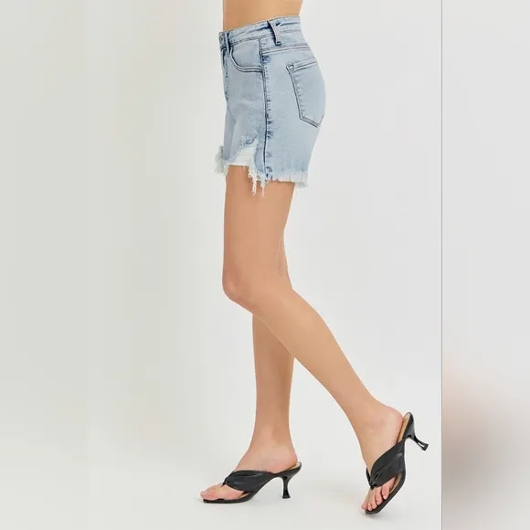RISEN High Rise Waist Distressed Denim Cutoff Frayed Mid-length Step Jean Shorts
