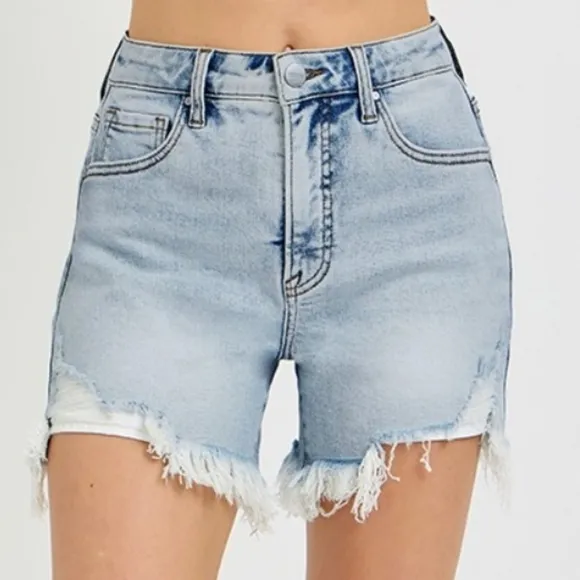 RISEN High Rise Waist Distressed Denim Cutoff Frayed Mid-length Step Jean Shorts