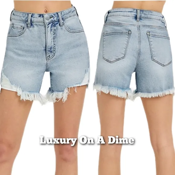 RISEN High Rise Waist Distressed Denim Cutoff Frayed Mid-length Step Jean Shorts