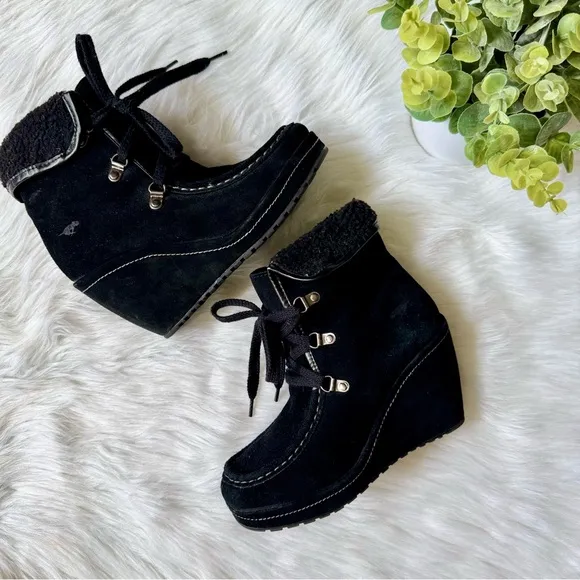 Rocket Dog Bonfire Black Suede Lace-Up with Faux Shearling Lining Boots Size 7.5