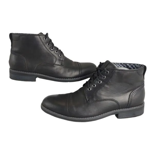 ROCKPORT Men's 10 Classic Black Leather Ankle Boots Dress Shoes, Cap Toe Lace Up