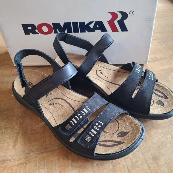 Romika Ibiza Comfort Leather Sandals Embelishd Strappy Walking Shoes Black Sz 37