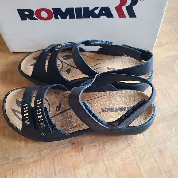 Romika Ibiza Comfort Leather Sandals Embelishd Strappy Walking Shoes Black Sz 37