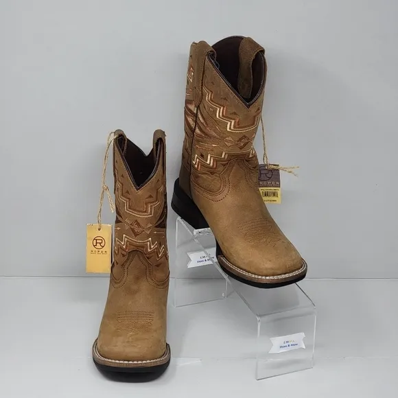 Roper Monterey Western Cowboy Brown Boots Square Toe Little Kids Size 3 New