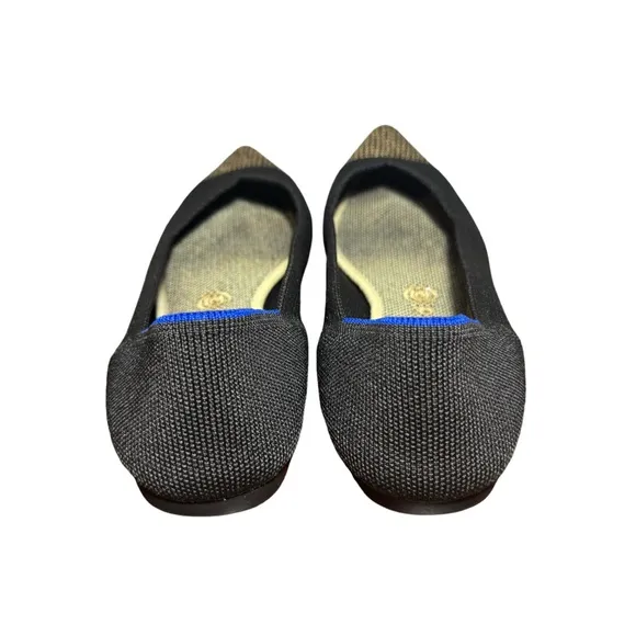 Rothy’s The Point Black Gold Embroidered Toe Flats Fan Size 9.5