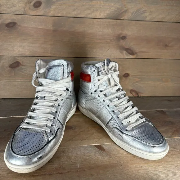 saint laurent sl 10h mens size 42 shoes silver leather hightop comfort sneakers