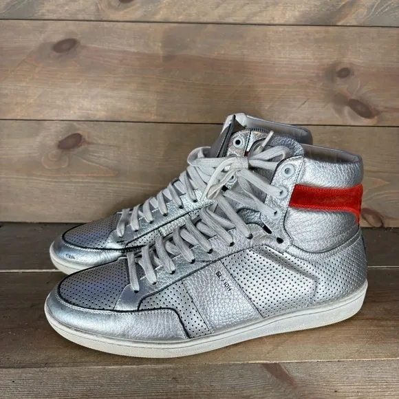 saint laurent sl 10h mens size 42 shoes silver leather hightop comfort sneakers