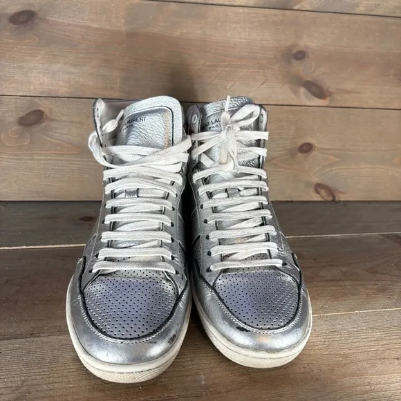 saint laurent sl 10h mens size 42 shoes silver leather hightop comfort sneakers