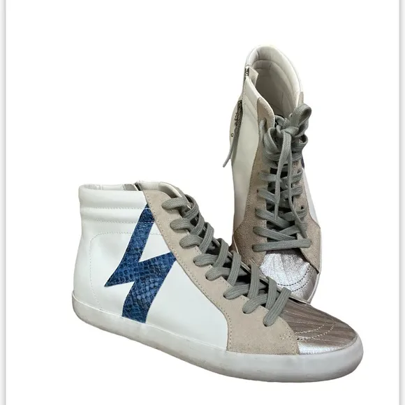 SAM EDELMAN Women's Avon High-top Sneakers White/ Silver/ Blue Leather
