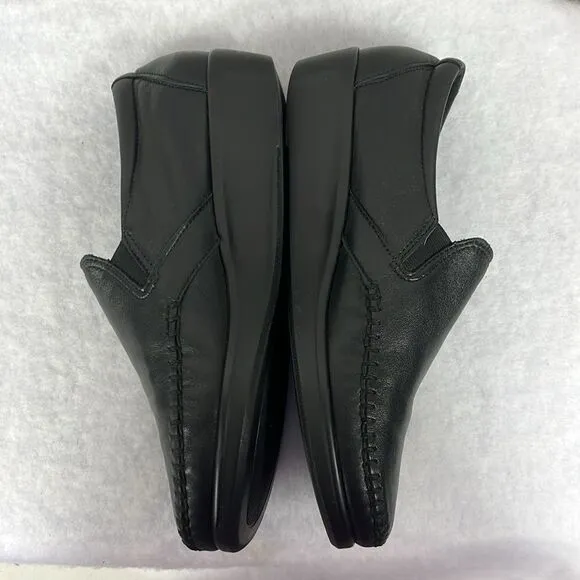 SAS Dream Womens Black Wedge‎ Leather Loafer Shoes Triped Comfort Size 8M