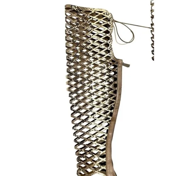 Schutz Karlyana Caged Over The Knee Laser Cut Peep Toe Boots Snake Print