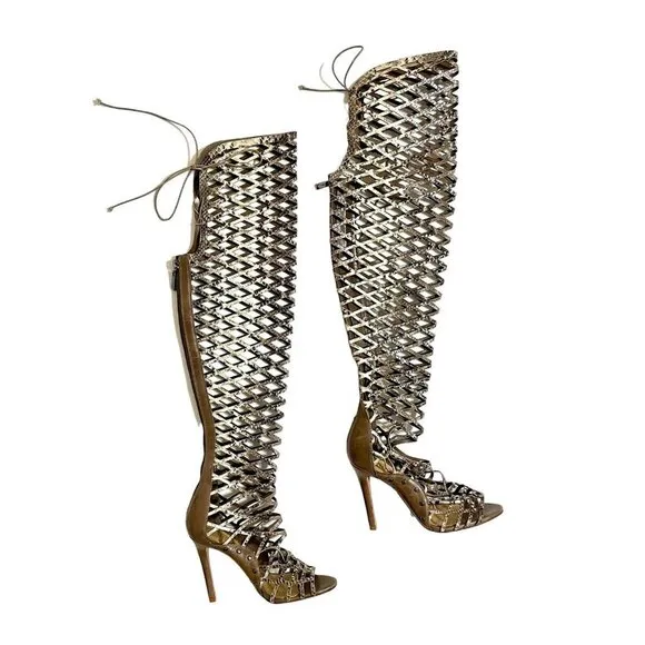 Schutz Karlyana Caged Over The Knee Laser Cut Peep Toe Boots Snake Print