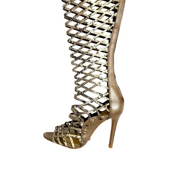 Schutz Karlyana Caged Over The Knee Laser Cut Peep Toe Boots Snake Print