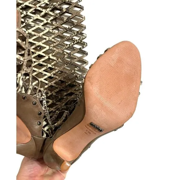 Schutz Karlyana Caged Over The Knee Laser Cut Peep Toe Boots Snake Print