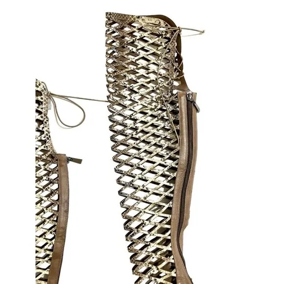 Schutz Karlyana Caged Over The Knee Laser Cut Peep Toe Boots Snake Print