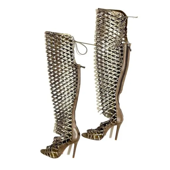 Schutz Karlyana Caged Over The Knee Laser Cut Peep Toe Boots Snake Print