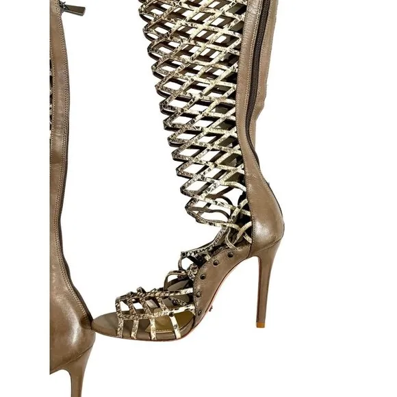 Schutz Karlyana Caged Over The Knee Laser Cut Peep Toe Boots Snake Print