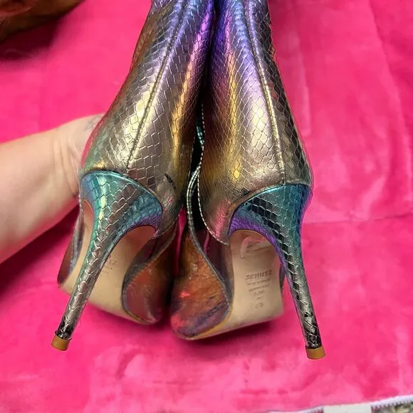 Schutz Rainbow Snake Embossed Leather Knee High Heeled Boots Maryana