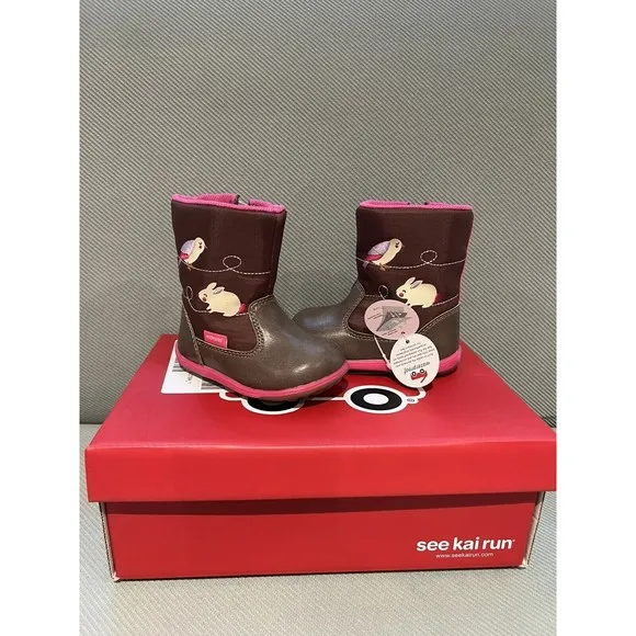 See Kai Run Baby Girl Boots 5 Mizuki Brown Pink Embroidery Waterproof Bird New
