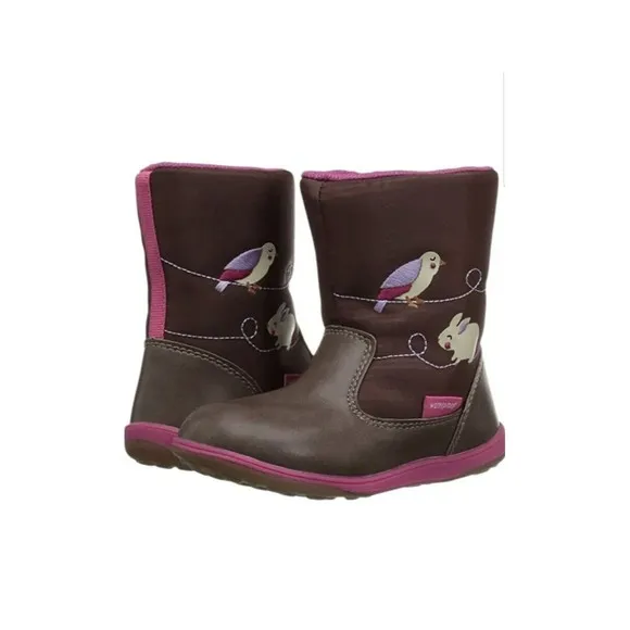 See Kai Run Baby Girl Boots 5 Mizuki Brown Pink Embroidery Waterproof Bird New