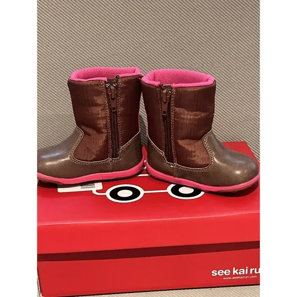 See Kai Run Baby Girl Boots 5 Mizuki Brown Pink Embroidery Waterproof Bird New