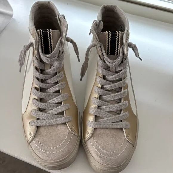 Shu Shop Roxanne Bone Lizard Metallic High Top Suede Distressed Sneakers Women 9