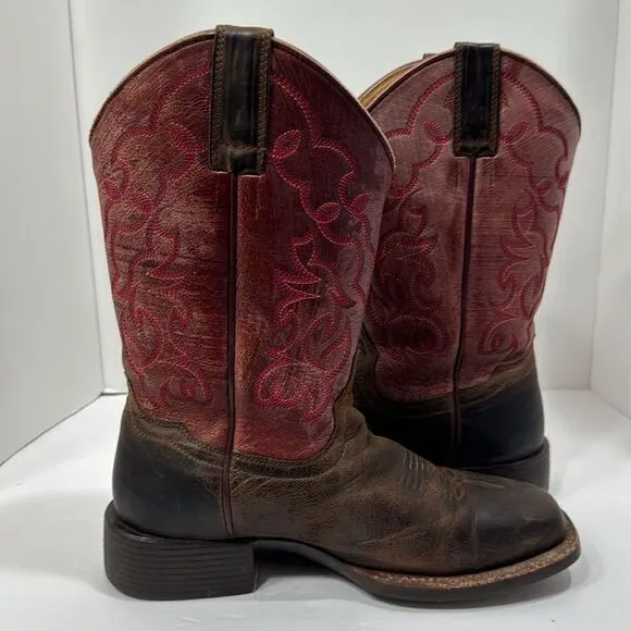 Shyanne Western Leather Embroidered Square Toe Brown Pink Cowgirl Rodeo Boots