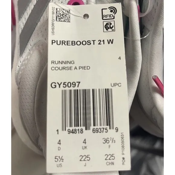 Size 5.5 Adidas PureBoost 21 ‎ Women's White Silver Mint Pink Running Shoe Boost