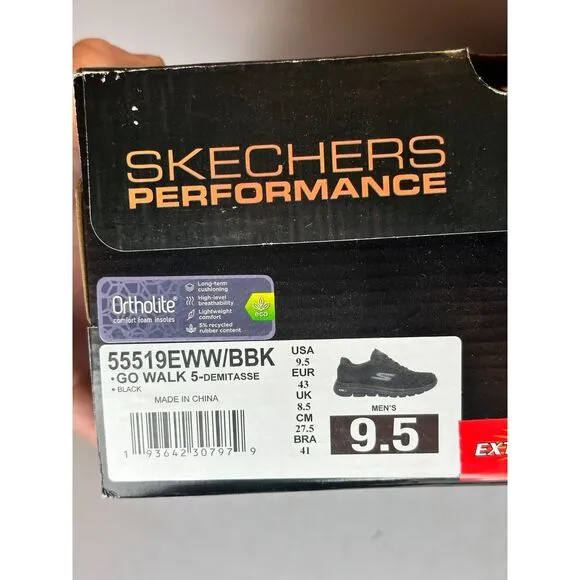 Skechers Men's 55519EWW/BBK GOwalk 5 Demitasse Size 9.5 Black Running Shoes NWB
