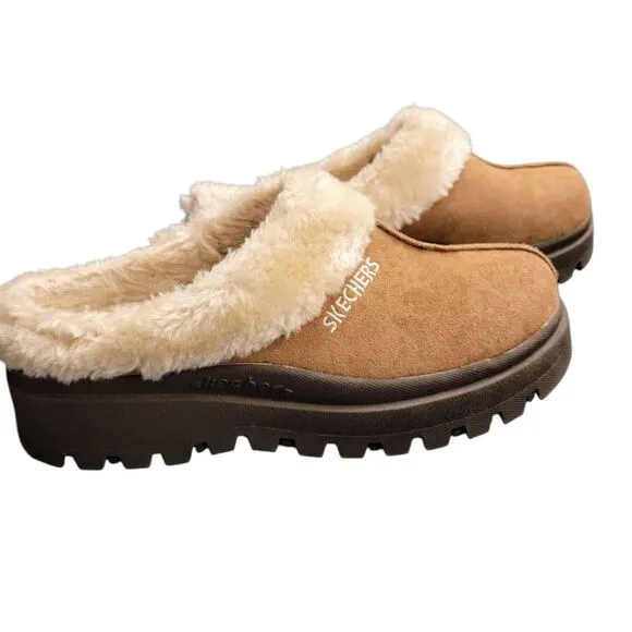SKECHERS Tan Suede Leather Shindigs Fortress Clogs Slip On Comfy Warm Shoes