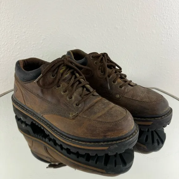SKECHERS Vintage Y2K Brown Oiled Leather Chunky Platform Lace Up Oxford Sneakers