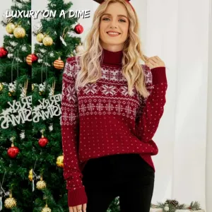 Snowflake Turtleneck Knit Fair Isle Geometric Classic Pullover Winter Sweater