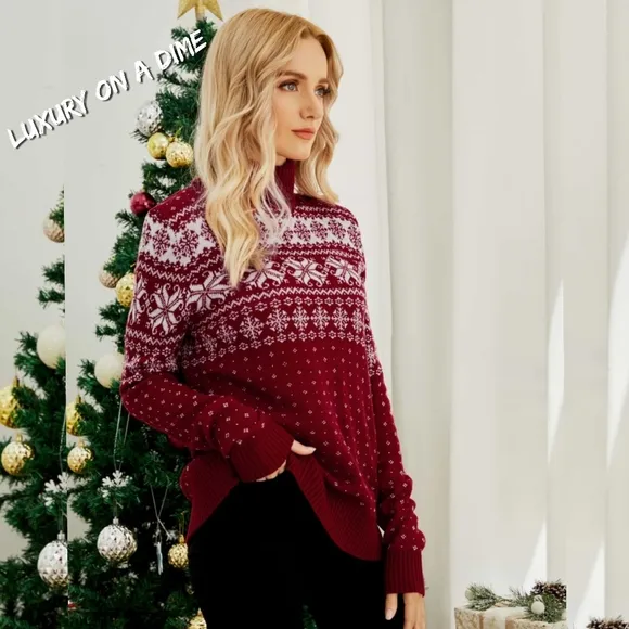 Snowflake Turtleneck Knit Fair Isle Geometric Classic Pullover Winter Sweater