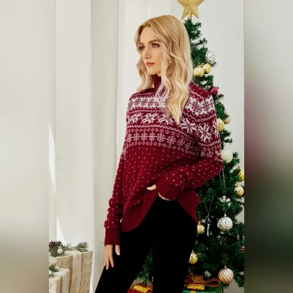 Snowflake Turtleneck Knit Fair Isle Geometric Classic Pullover Winter Sweater