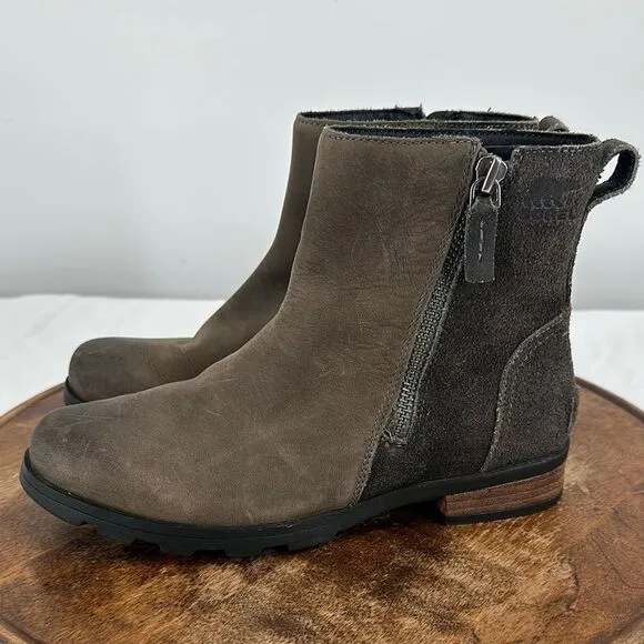 Sorel Boots Womens 8 Emelie Zip Booties Waterproof Brown Leather Suede