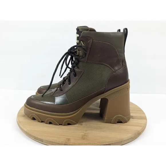 Sorel Brex Heel Boot Waterproof Womans 8.5 Block Green Brown Gum Leather