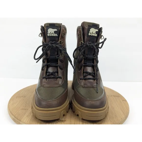 Sorel Brex Heel Boot Waterproof Womans 8.5 Block Green Brown Gum Leather