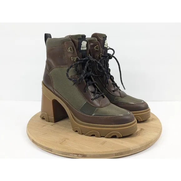Sorel Brex Heel Boot Waterproof Womans 8.5 Block Green Brown Gum Leather