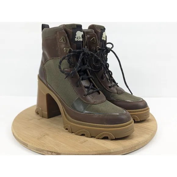 Sorel Brex Heel Boot Waterproof Womans 8.5 Block Green Brown Gum Leather