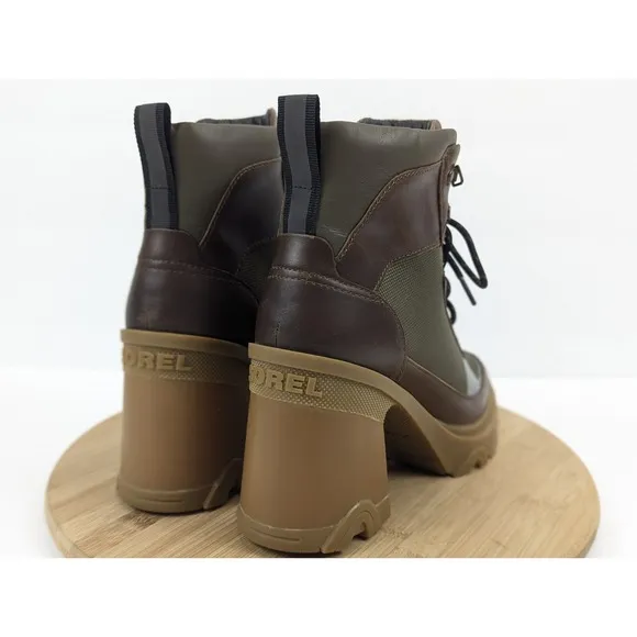 Sorel Brex Heel Boot Waterproof Womans 8.5 Block Green Brown Gum Leather