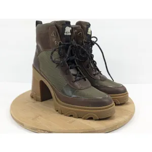 Sorel Brex Heel Boot Waterproof Womans 8.5 Block Green Brown Gum Leather