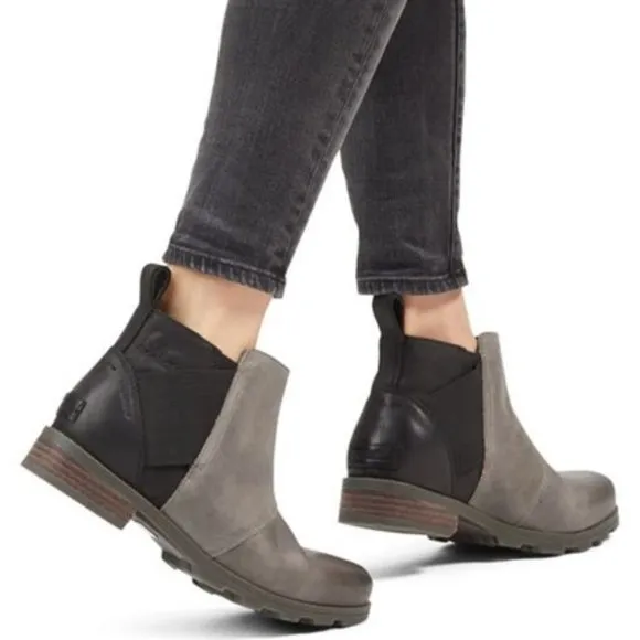 Sorel Emelie Chelsea Boots Leather Booties Waterproof Quarry Black Size 6 NEW