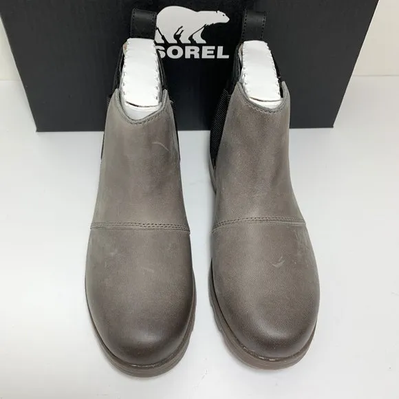 Sorel Emelie Chelsea Boots Leather Booties Waterproof Quarry Black Size 6 NEW