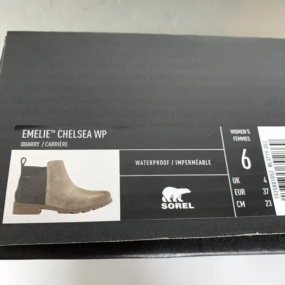 Sorel Emelie Chelsea Boots Leather Booties Waterproof Quarry Black Size 6 NEW