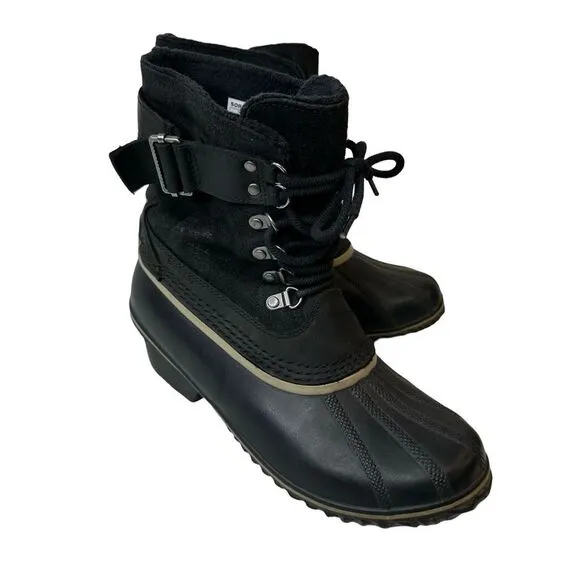Sorel Fancy Lace II Black Oiled Suede Leather Winter Snow Duck Boots Size 10