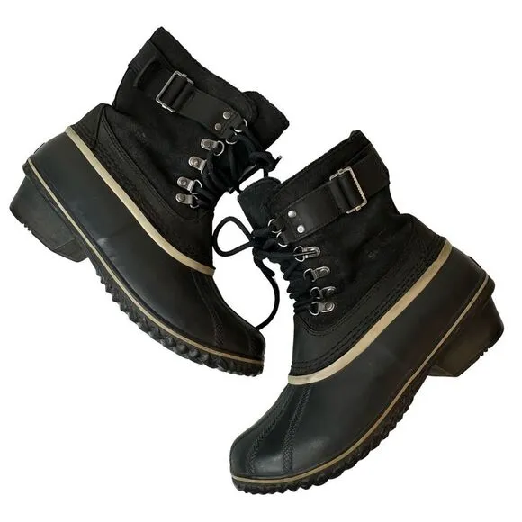 Sorel Fancy Lace II Black Oiled Suede Leather Winter Snow Duck Boots Size 10