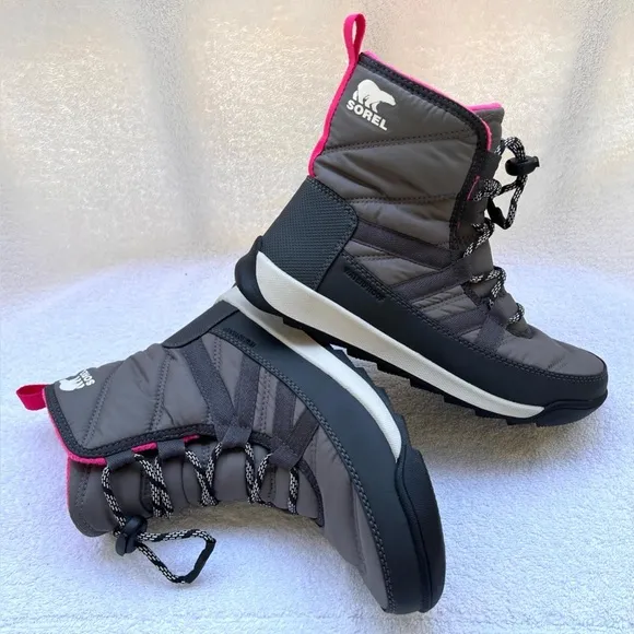Sorel Girls &quot;Whitney II&quot; Hiker Boots In Waterproof Nylon - Grey/Pink - Sz 5