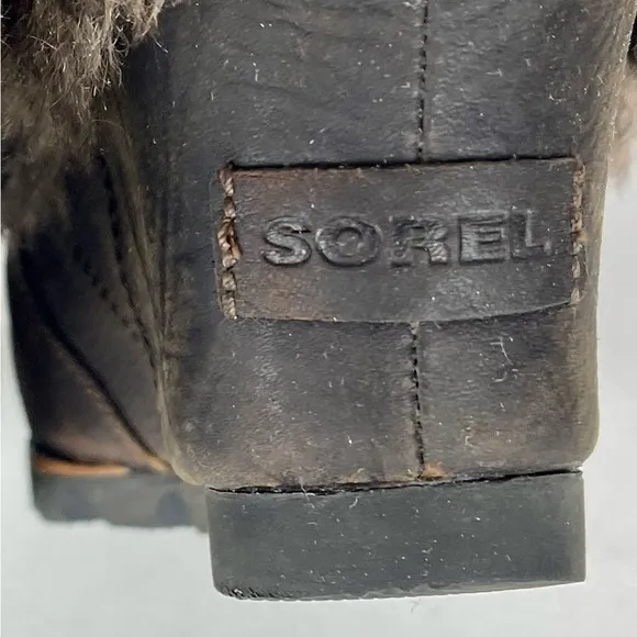 SOREL JOAN OF ARCTIC WEDGE ANKLE APRES SKI FAUX FUR BROWN LEATHER ANKLE BOOTS