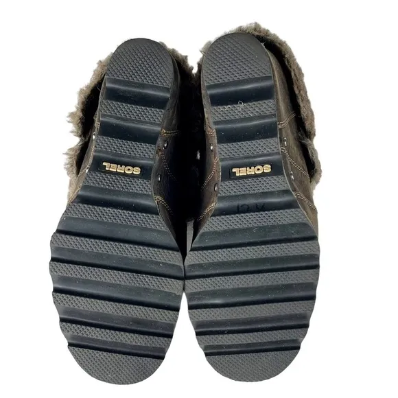 SOREL JOAN OF ARCTIC WEDGE ANKLE APRES SKI FAUX FUR BROWN LEATHER ANKLE BOOTS