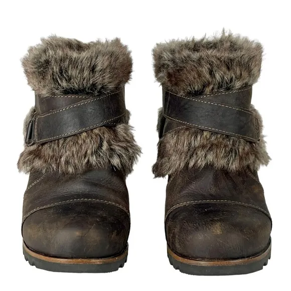 SOREL JOAN OF ARCTIC WEDGE ANKLE APRES SKI FAUX FUR BROWN LEATHER ANKLE BOOTS